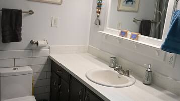 A bathroom with a white toilet, a sink with a mirror above it, and a framed picture on the wall.