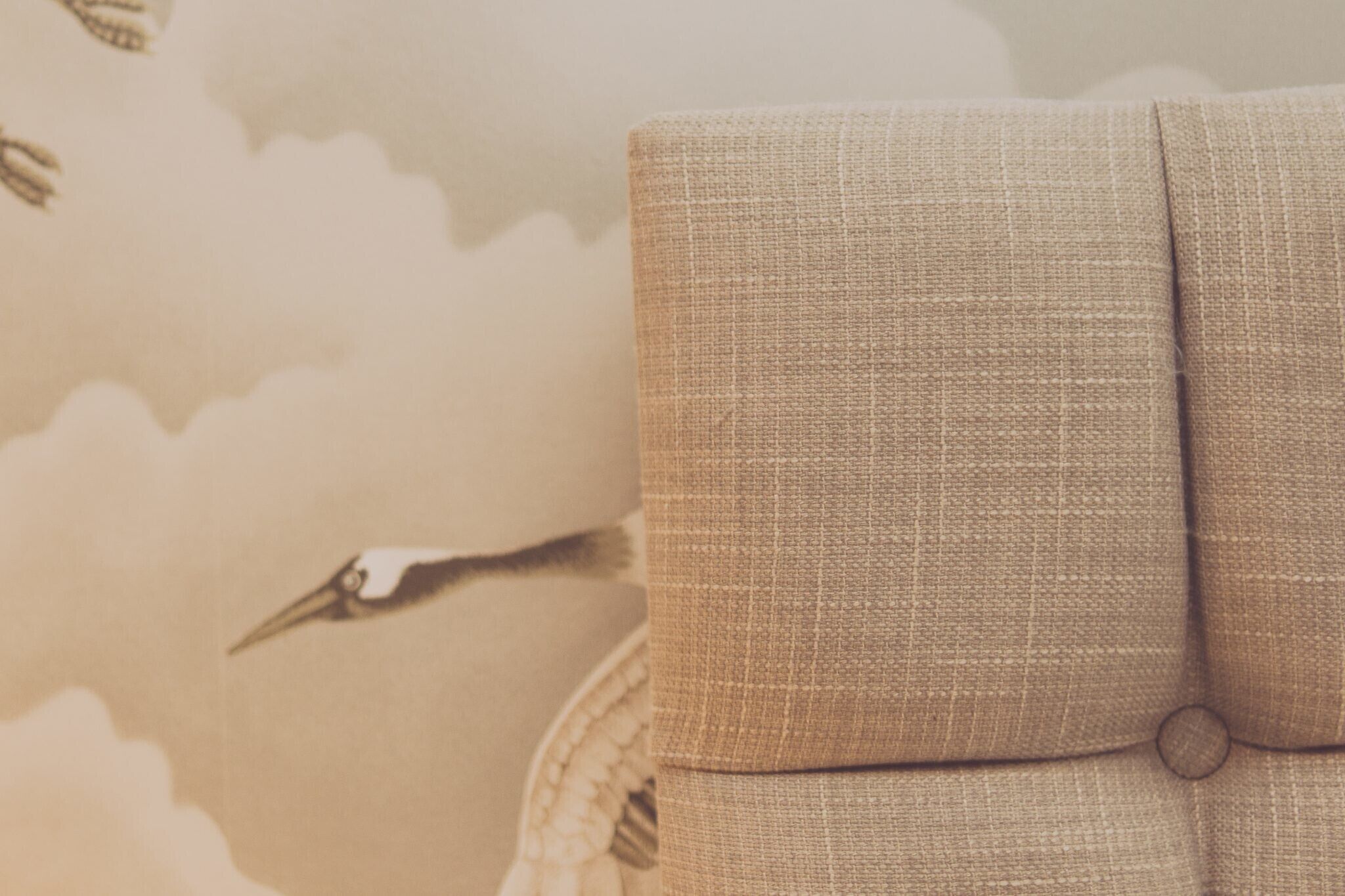 A close-up of a textured fabric with a button detail, likely part of a piece of furniture.
