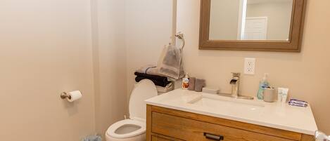 A bathroom with a wooden vanity, a toilet, a mirror, and a small rug on the floor.