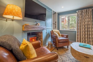 Televisión, chimenea y estéreo 