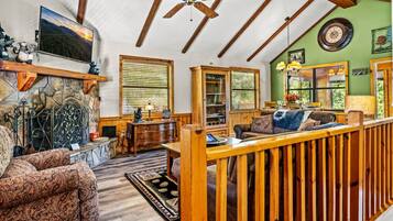 Televisión, chimenea, libros