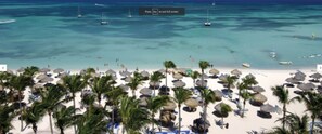 Une plage avec de nombreux parasols et des palmiers.