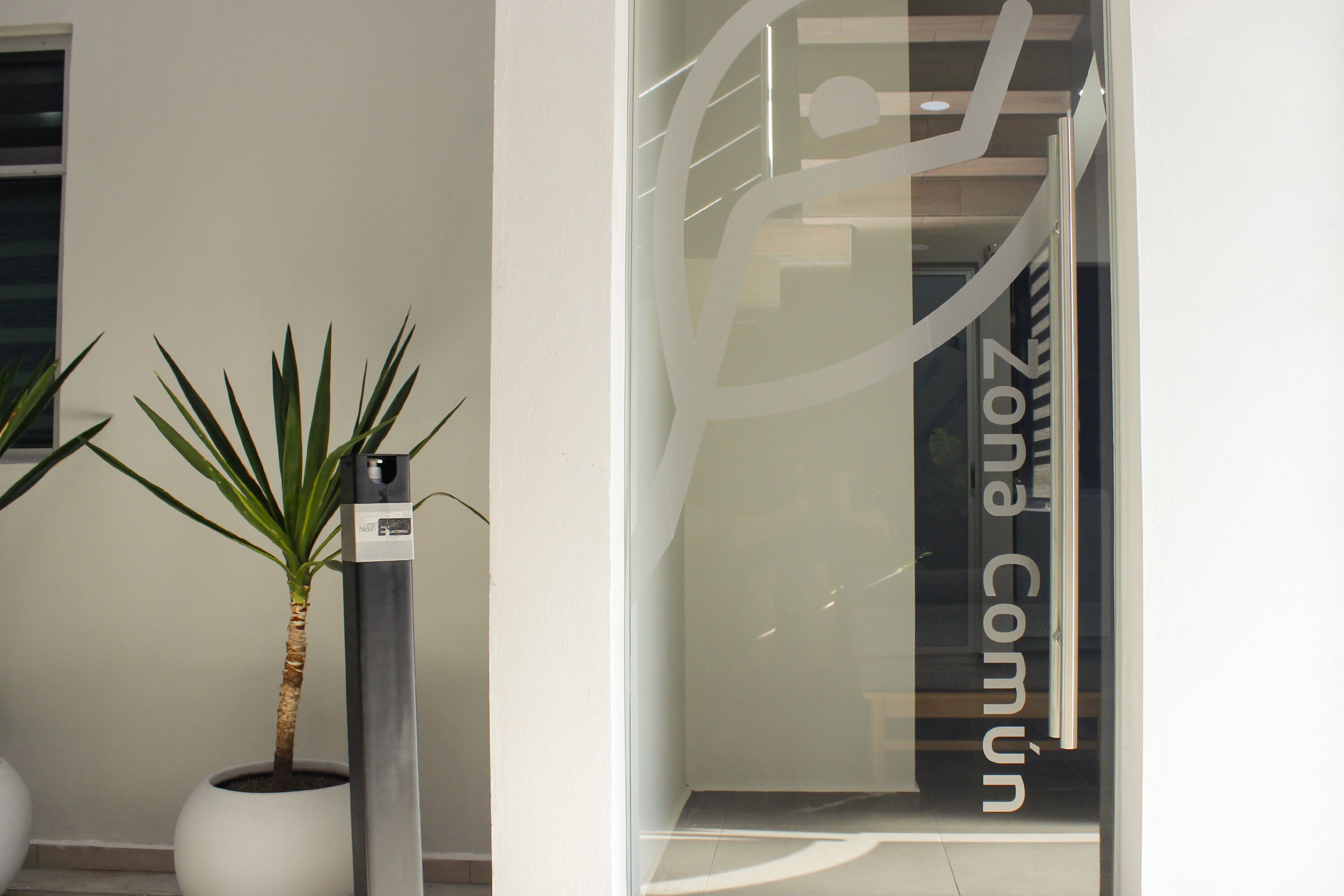 A modern building entrance with a glass door, a potted plant, and a vertical sign with text.