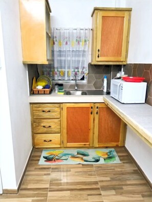 Fridge, microwave, stovetop, cookware/dishes/utensils