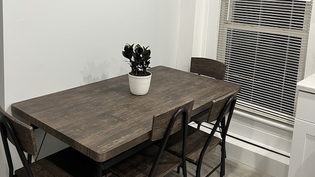 Un coin repas comprenant une table en bois, quatre chaises, une plante en pot et un élément décoratif mural.