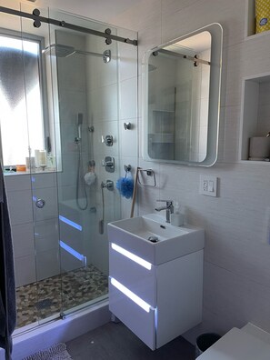 Combined shower/bathtub, towels, soap, shampoo - Penthouse w/ private terrace. Williamsburg duplex (Brooklyn)
