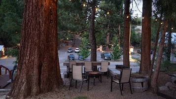 Un espace extérieur aménagé avec des tables et des chaises, entouré d’arbres et illuminé de guirlandes lumineuses.