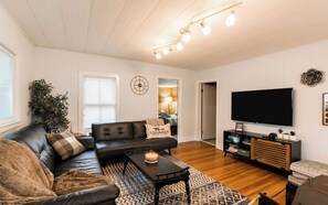 Smart TV, fireplace, books