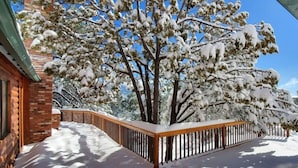 A snow-covered balcony with a wooden railing, a brick building, and snow-laden trees. - Trailheads Steps Away + Stunning Views! (Pine)
