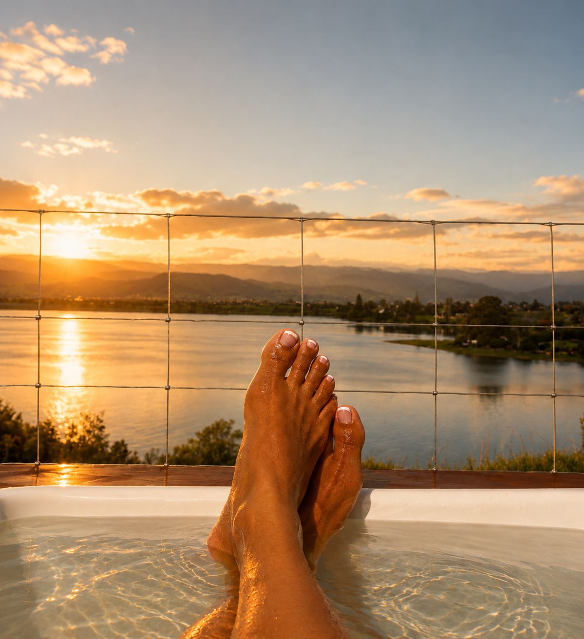 A person's feet in a hot tub with a view of a lake and mountains during sunset.