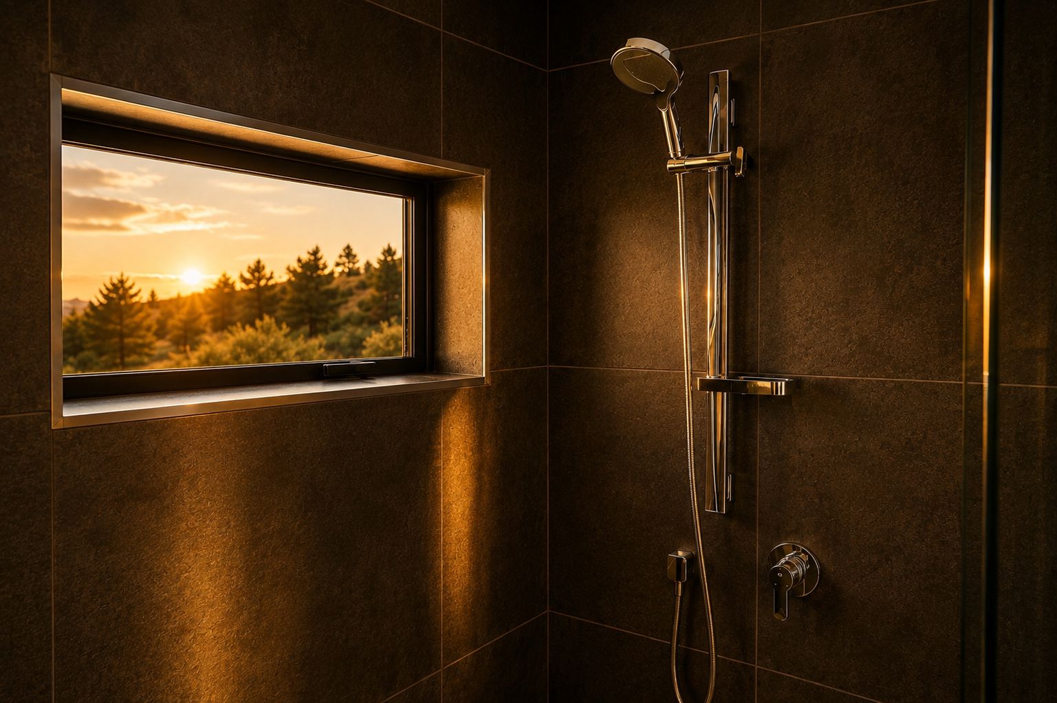Eine Dusche mit Handbrause und Armaturen an der Wand.