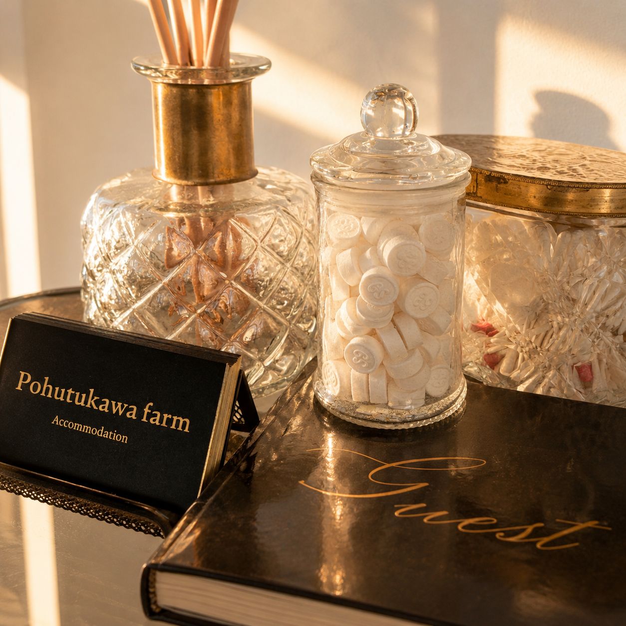 A black book with 'Pohutakawa farm Accommodation' and 'Guest' written on it, alongside two glass containers with white objects and a metal container with a lid.