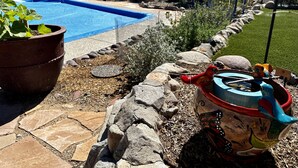 A swimming pool with a stone border, a potted plant, and a decorative bird sculpture. - Quiet Eco-Friendly Home Close to Downtown & Desert—Wildlife in Abundance! (Tucson)