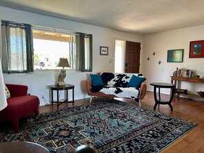 Fireplace, books, computer monitors