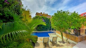 A swimming pool surrounded by lush greenery and a stone wall. - Secluded Cabo Hideaway! Walk to the beach, ample space,  pool and rooftop deck! (Cabo San Lucas)