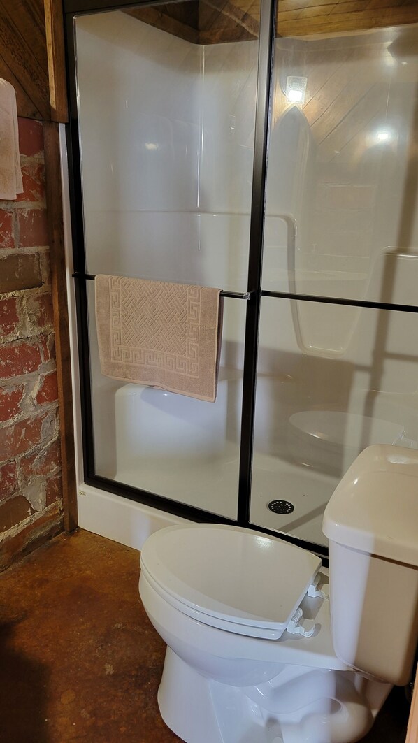 Un baño con cabina de ducha de vidrio, un inodoro blanco y una toalla colgada en la puerta de la ducha.