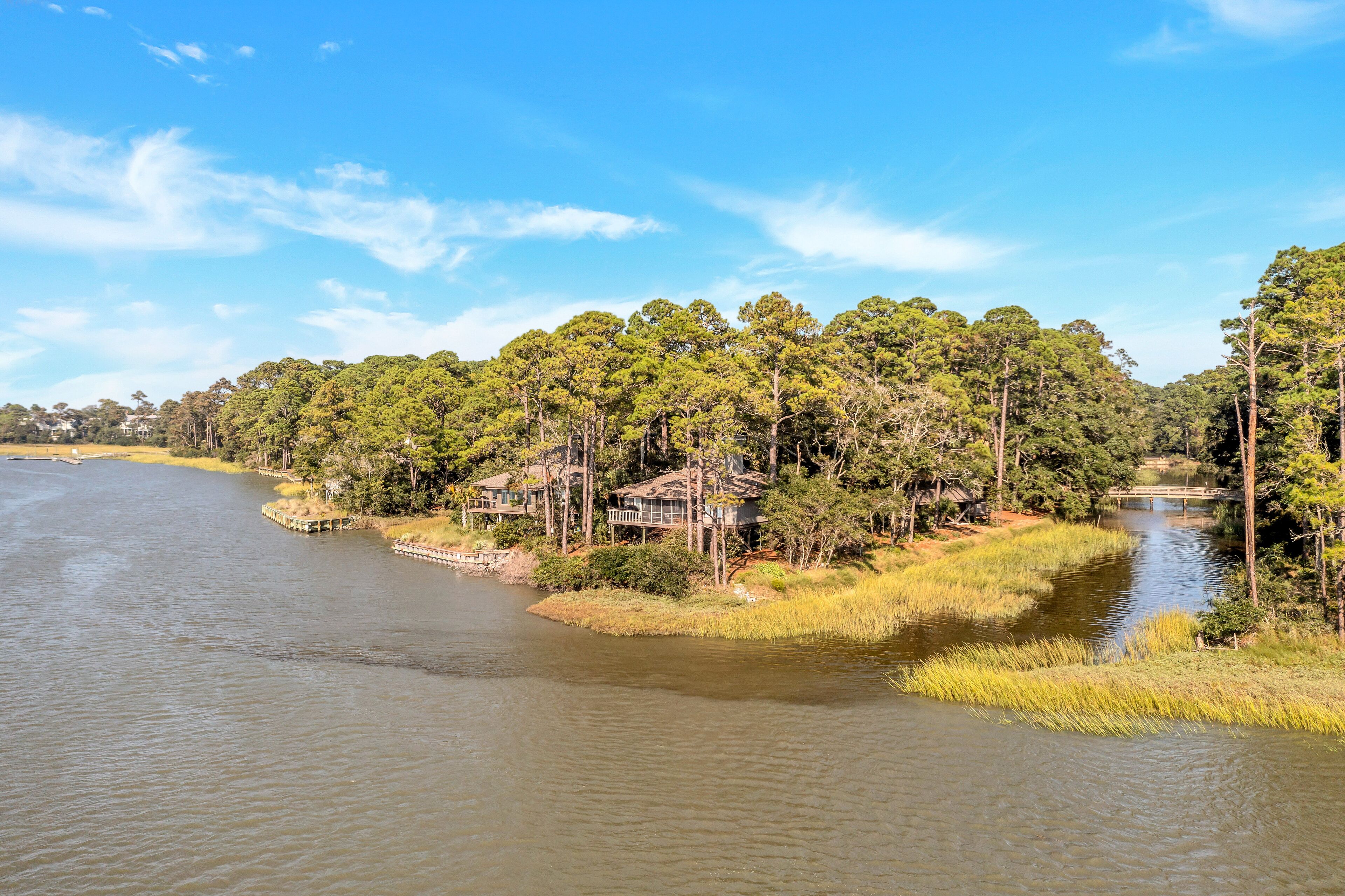A riverside property with multiple houses, a bridge, and dense greenery.