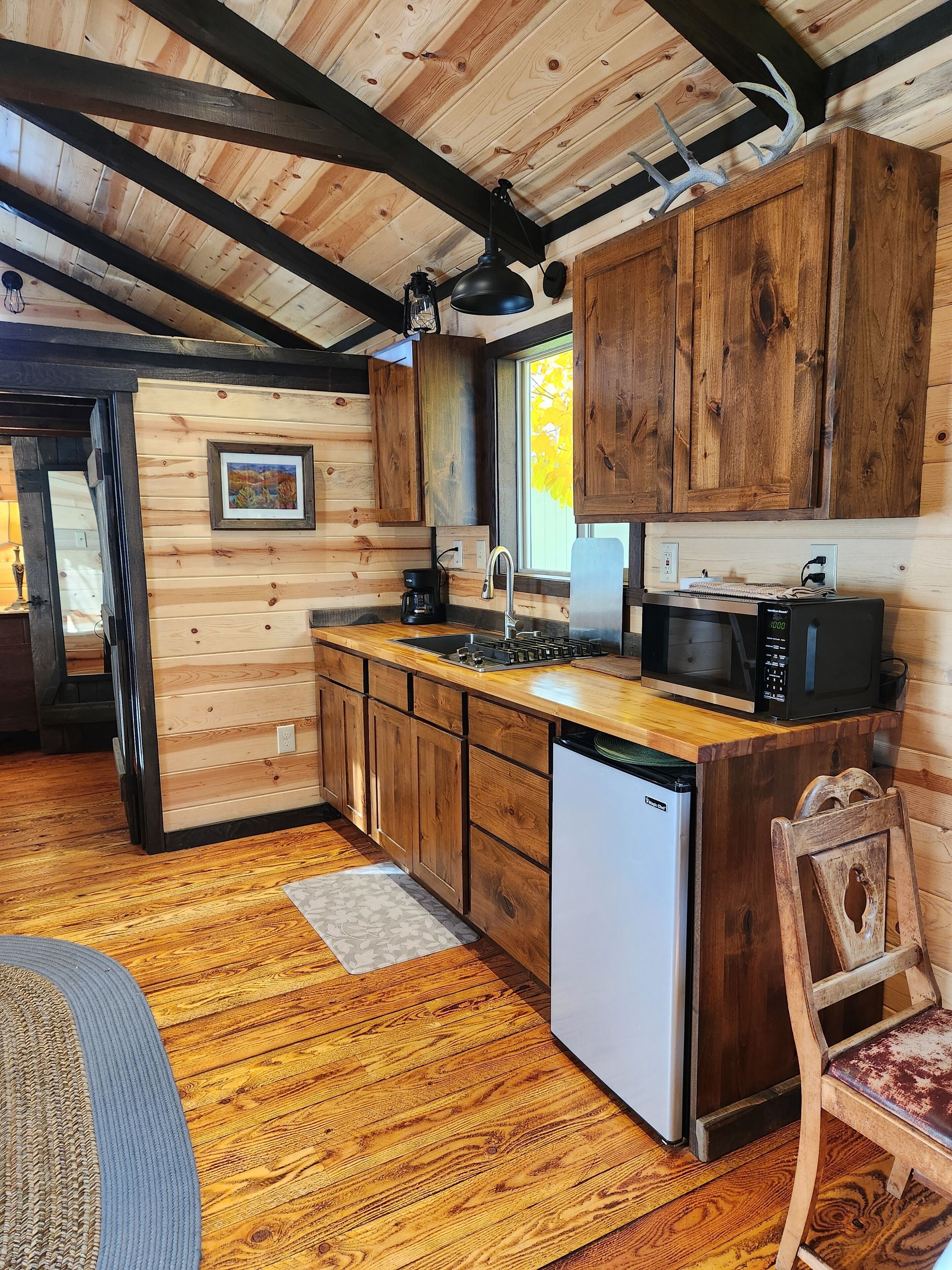 Fridge, microwave, stovetop, coffee/tea maker