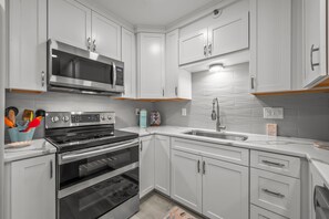 Fridge, microwave, oven, stovetop - Oceanfront Newly Renovated 1st Floor Condo Sleeps 8  North Topsail Beach (North Topsail Beach)