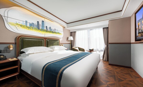 Habitación empresarial doble | Edredón, camas con efecto memoria y espacio para trabajar con laptop 