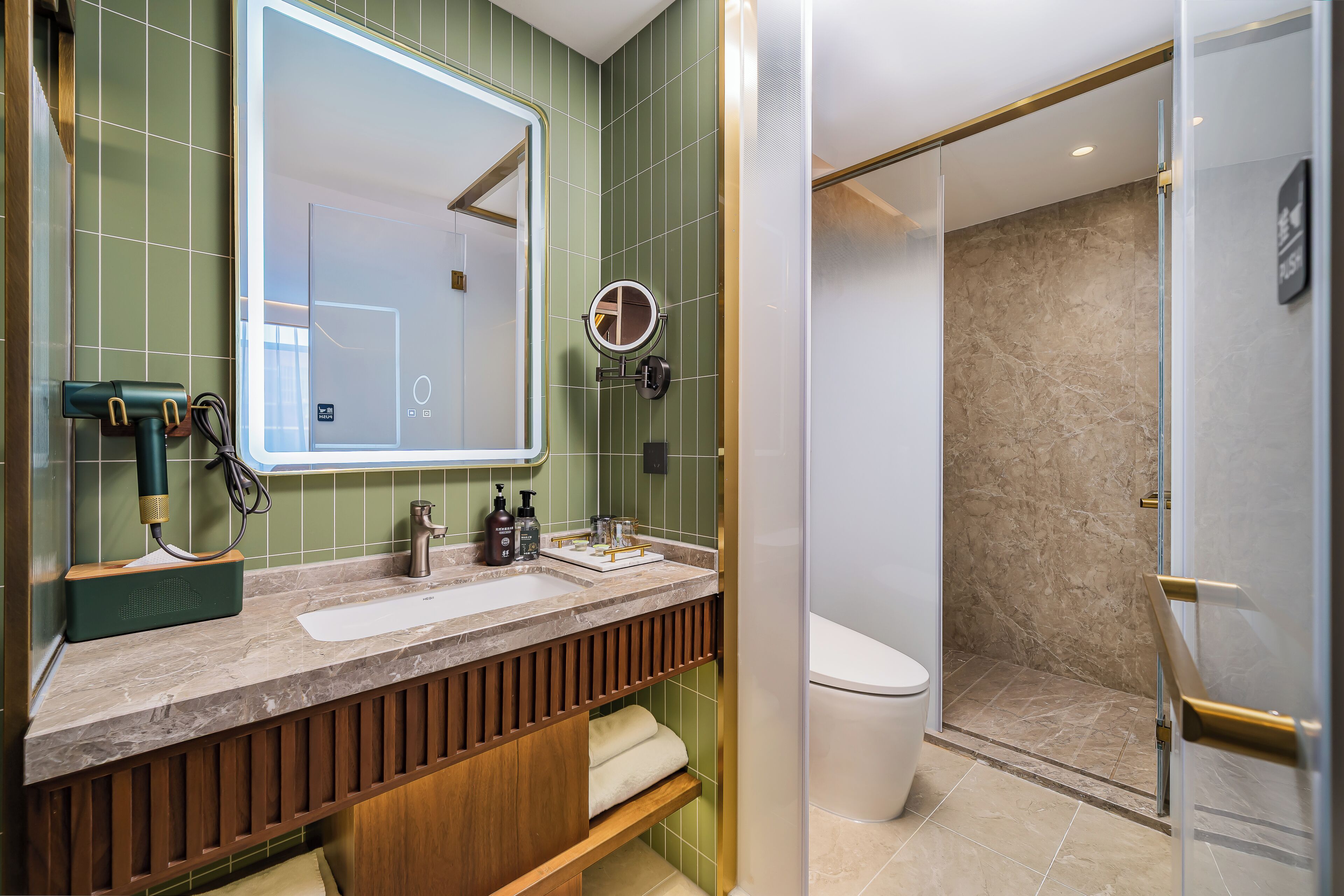 Shower, rainfall showerhead, designer toiletries, hair dryer