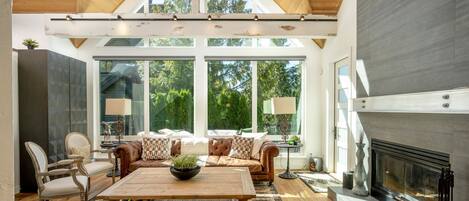 تلفزيون، مدفأة، كُتُب، مكتبة موسيقى