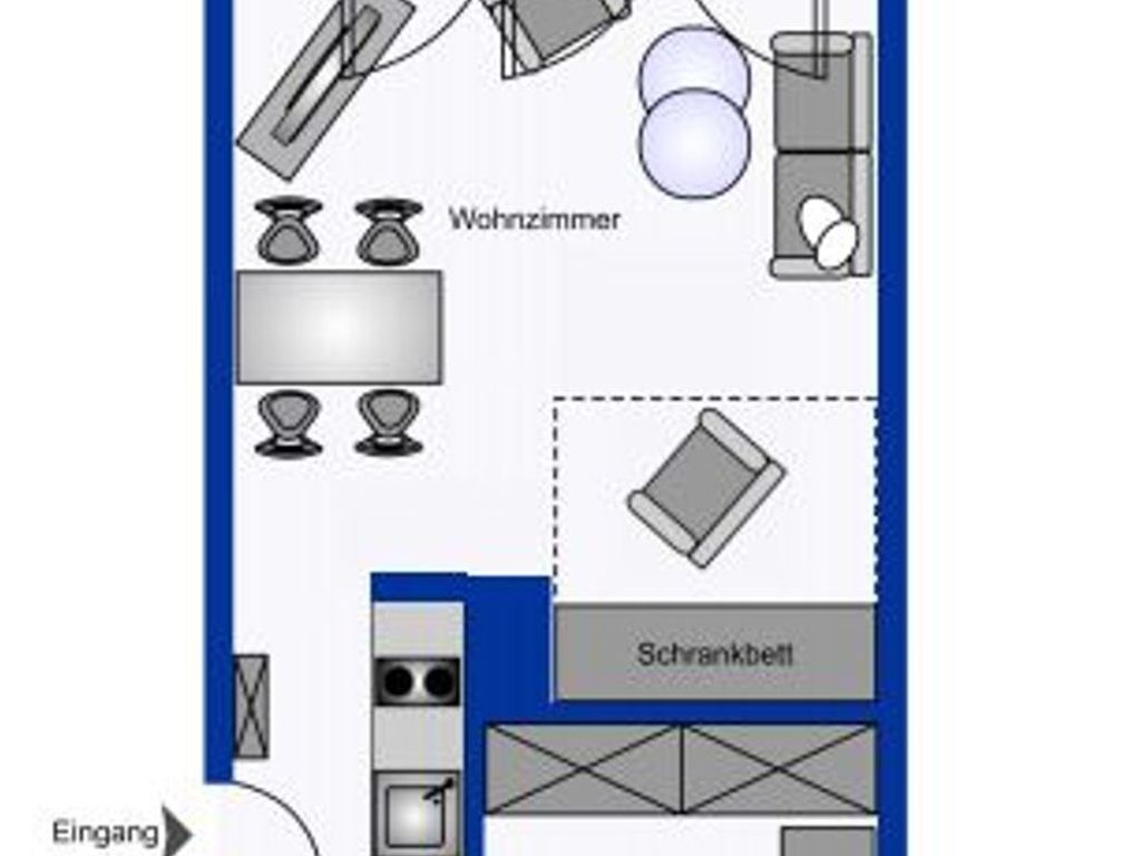 A hotel room layout with a living area, a bedroom, a bathroom, and a kitchenette.