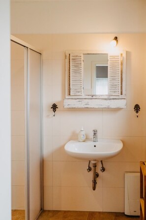 Shower, hair dryer, towels
