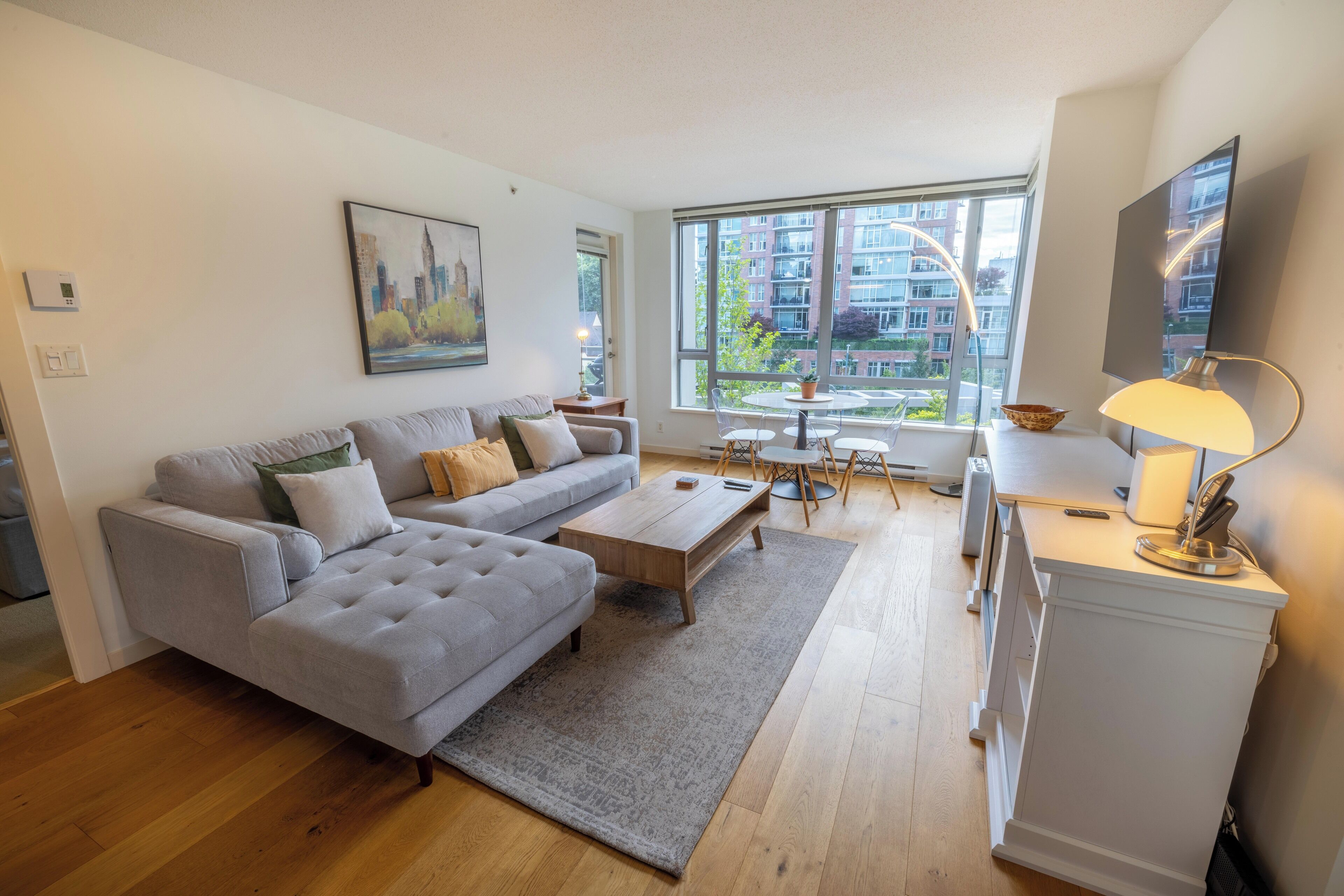 TV, fireplace, music library