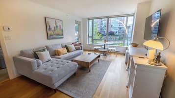 TV, fireplace, music library