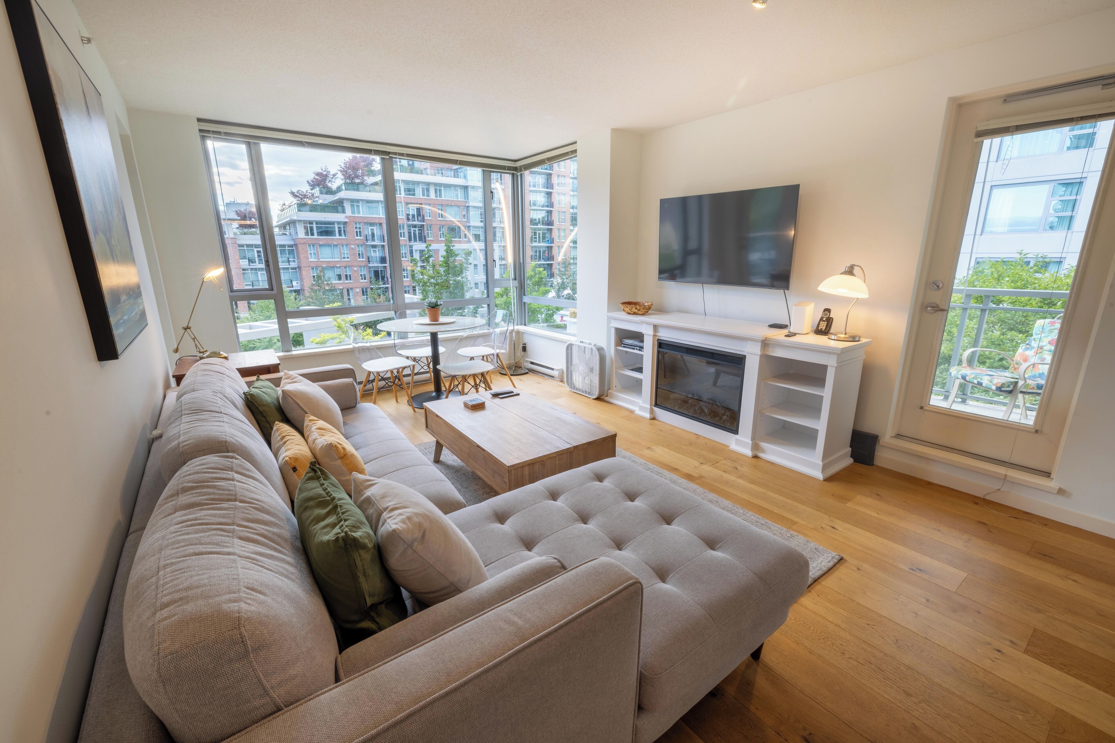 TV, fireplace, music library
