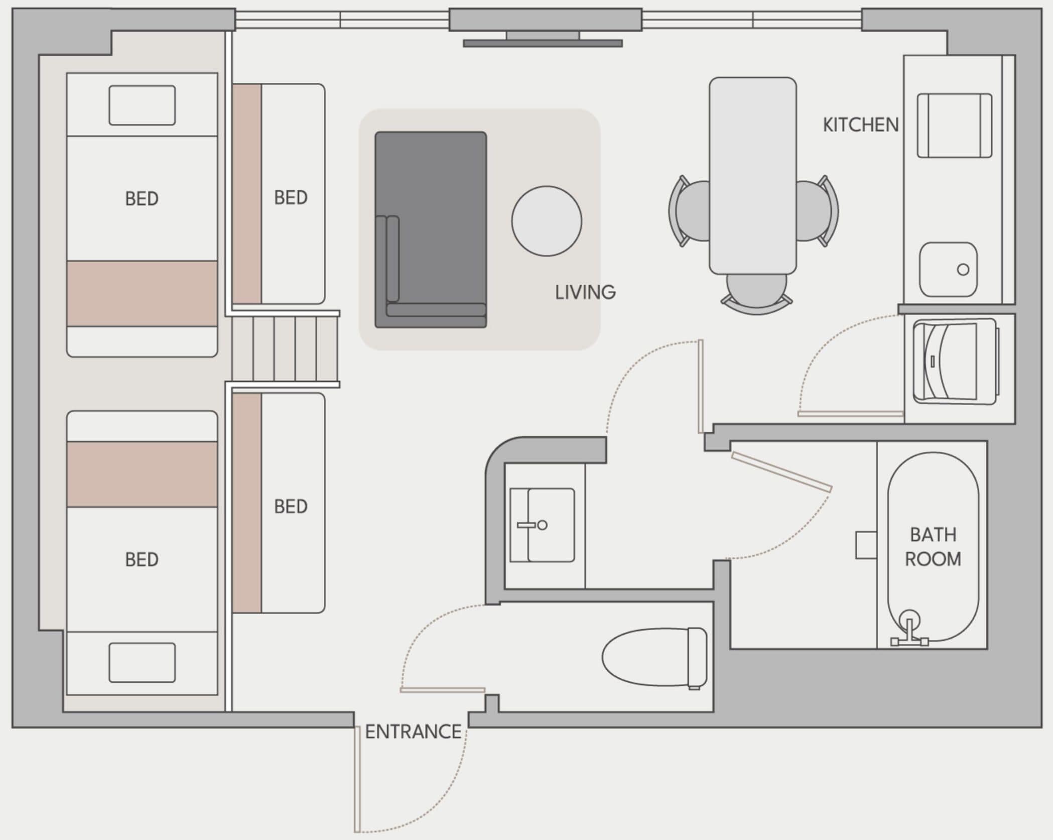 A floor plan with a kitchen, living area, two bedrooms, a bathroom, and an entrance.