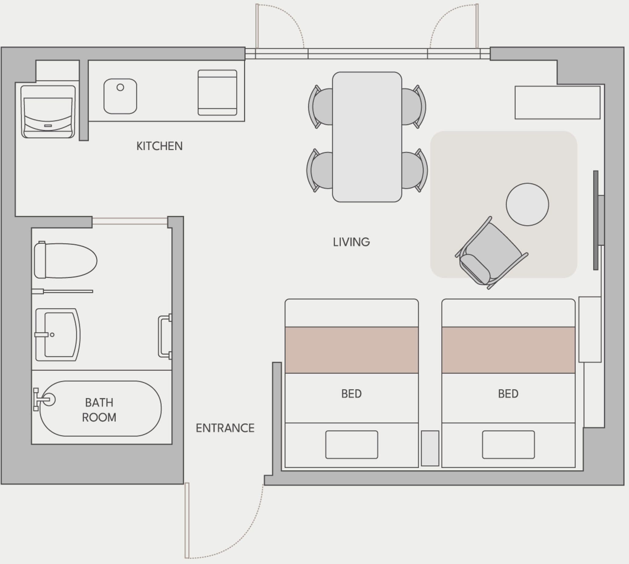A floor plan with a kitchen, dining area, living room, two bedrooms, and a bathroom.