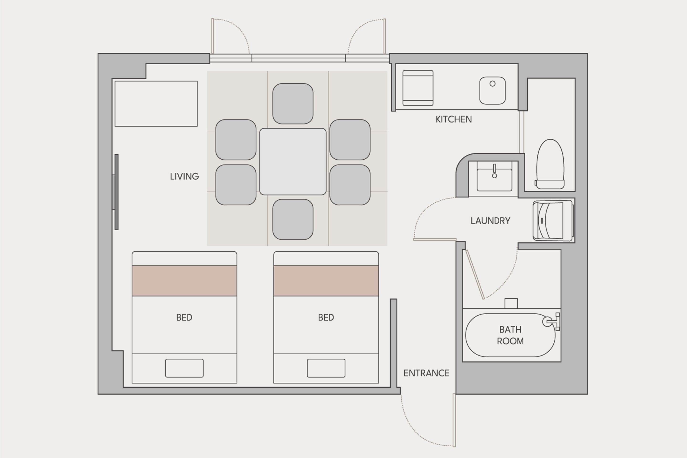 A floor plan of a hotel room with two beds, a living area, a kitchen, a bathroom, and an entrance.