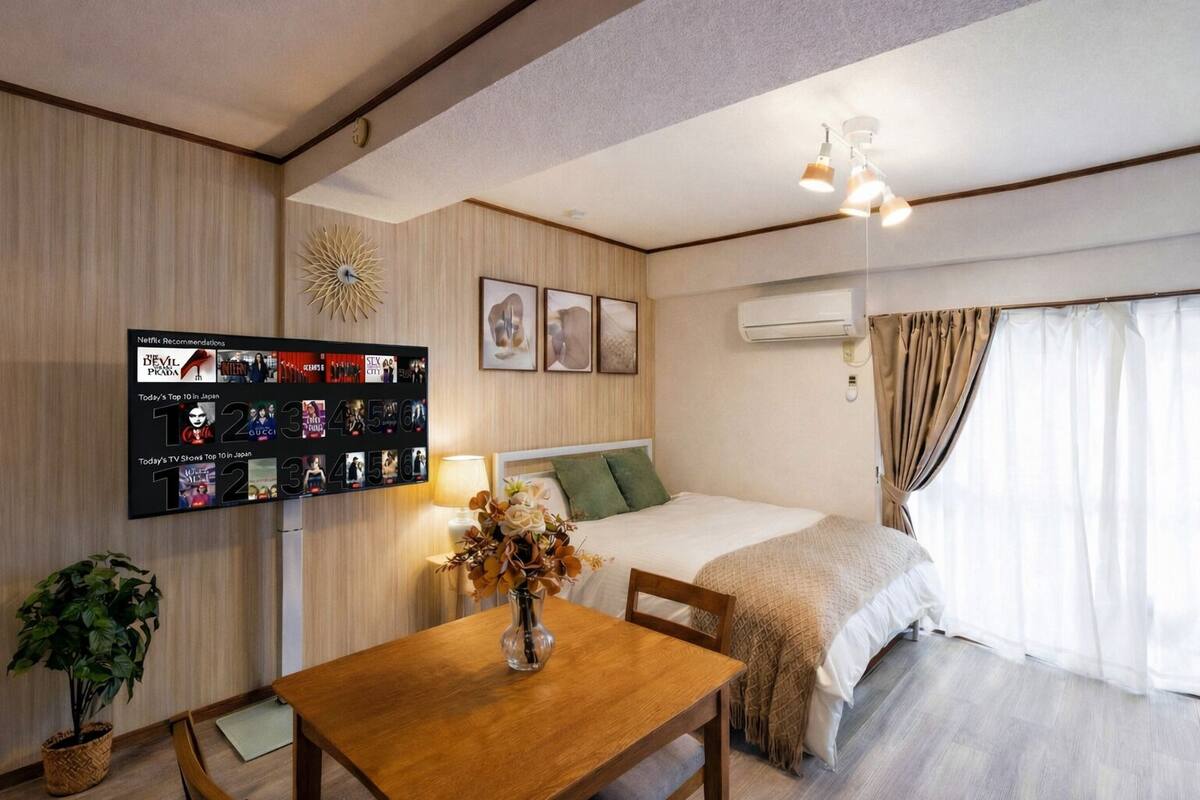 Quarto de hotel com cama, escrivaninha, cadeira, TV exibindo sugestões da Netflix e ar condicionado.