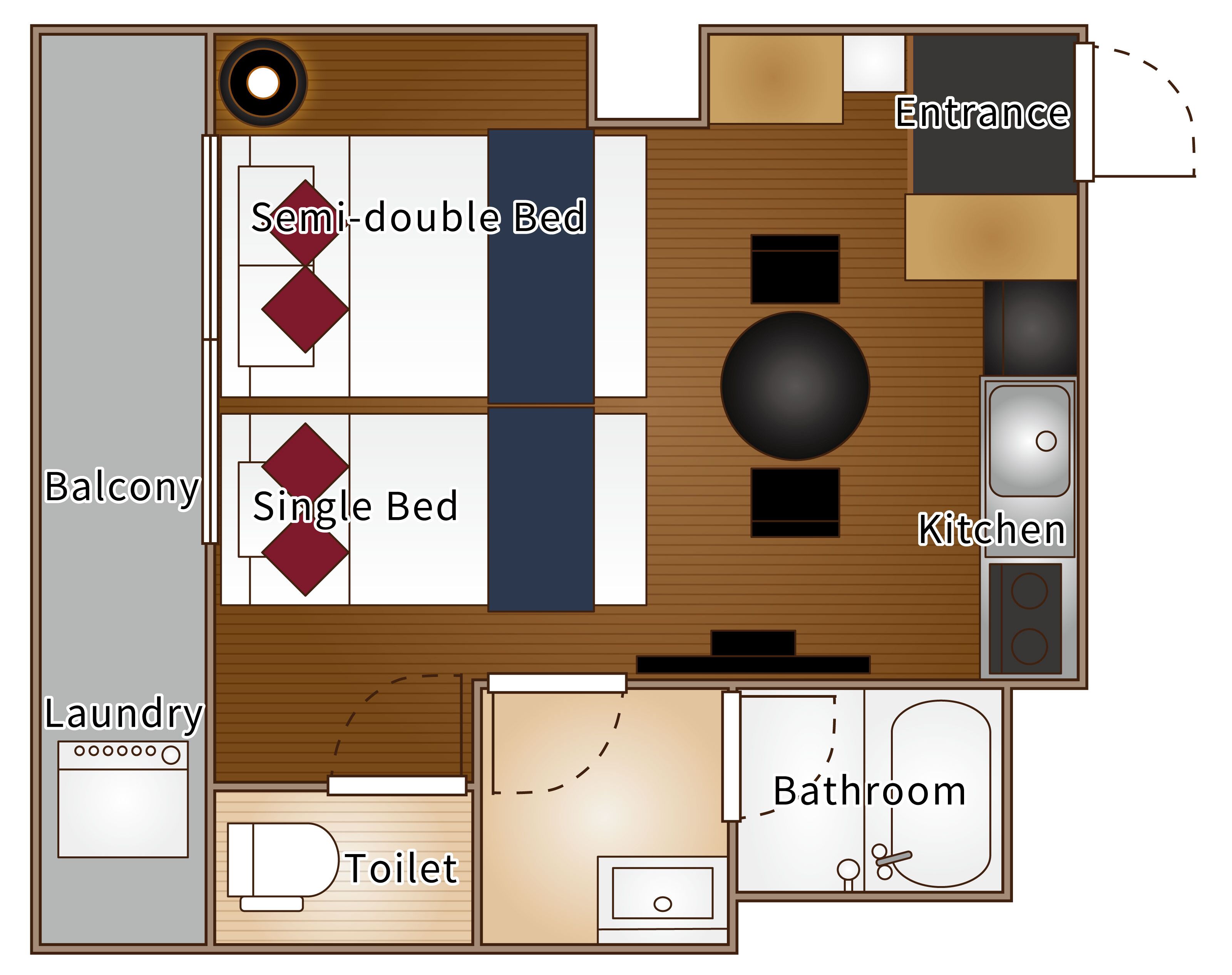 A hotel room layout with a balcony, a semi-double bed, a single bed, a kitchen, a bathroom, and a laundry area.