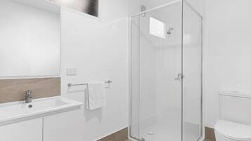 A modern bathroom with a glass shower enclosure, a white sink, and a toilet.