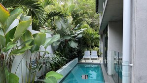 A modern pool area with glass railings, two lounge chairs, and lush tropical plants.