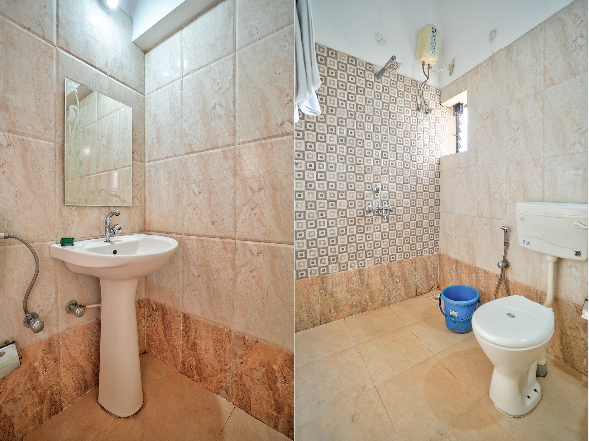 Une salle de bain équipée d’un lavabo, d’un miroir, d’une douche et de toilettes.