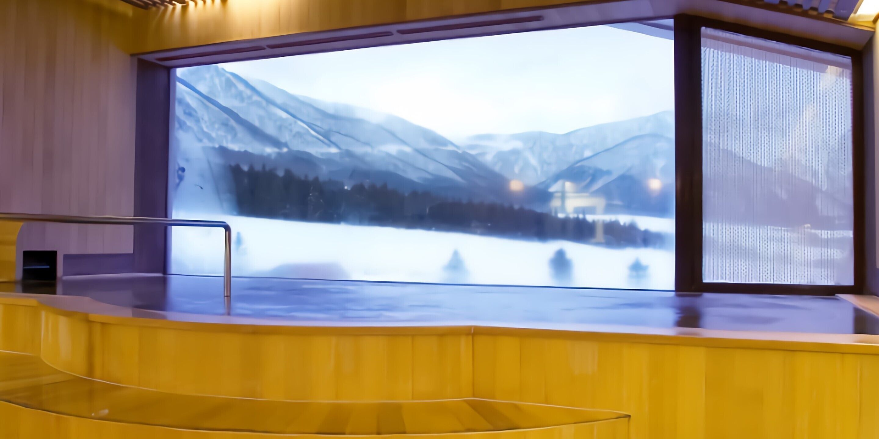 A room with a large window overlooking a snowy mountain landscape.
