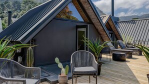 Una casa moderna con techo inclinado, un patio con asientos y una planta de cactus.