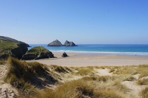 Een strand met grasduinen en rotsachtige uitsteken in de verte.