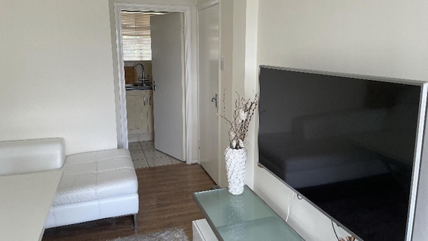 Uma sala de estar com um sofá branco, uma TV de tela plana e um vaso decorativo.