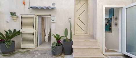 Un edificio de fachada color beige, una puerta con líneas diagonales y una pequeña escalera que lleva a una puerta. Hay plantas en macetas y un cuadro eléctrico en el suelo.