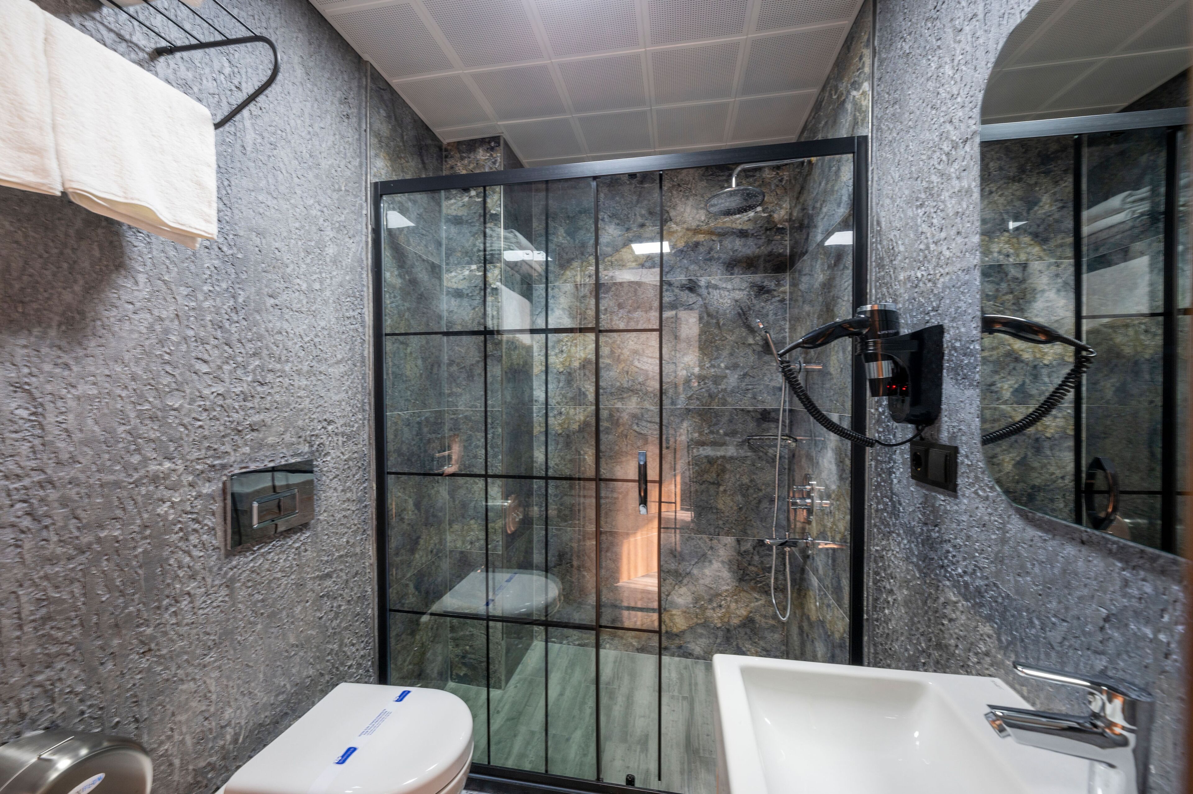 A modern bathroom with a glass-enclosed shower, a white sink, and a toilet.