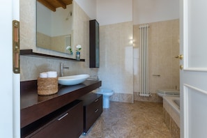 Shower, hair dryer, bidet, towels