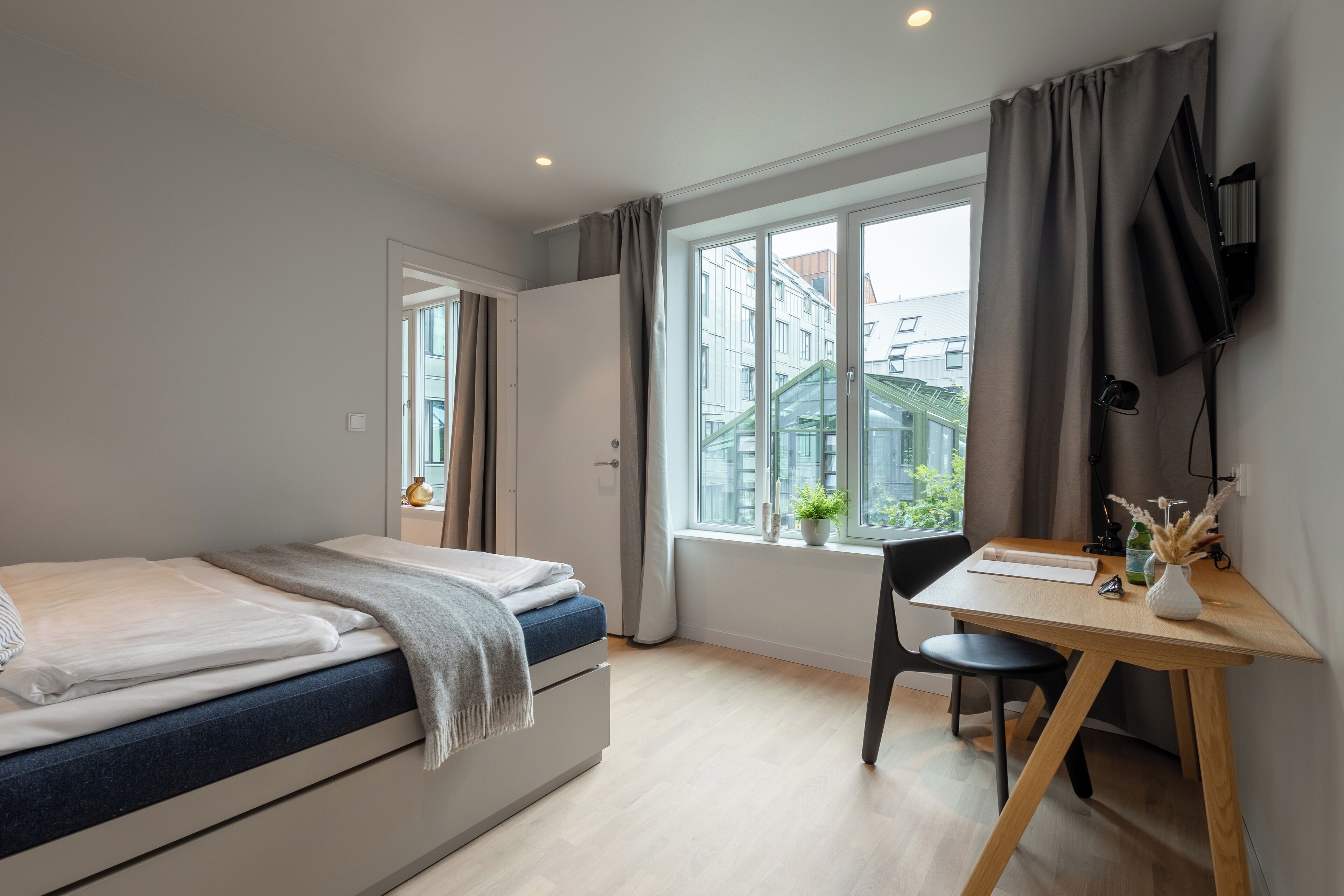 A modern bedroom with a bed, a desk, and a chair. There is a window with curtains, a TV mounted on the wall, and a potted plant on the desk.