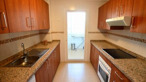Une cuisine dotée de meubles en bois, de plans de travail en granit, d’un évier en acier inoxydable, d’une cuisinière et d’une porte vitrée donnant sur un balcon extérieur.