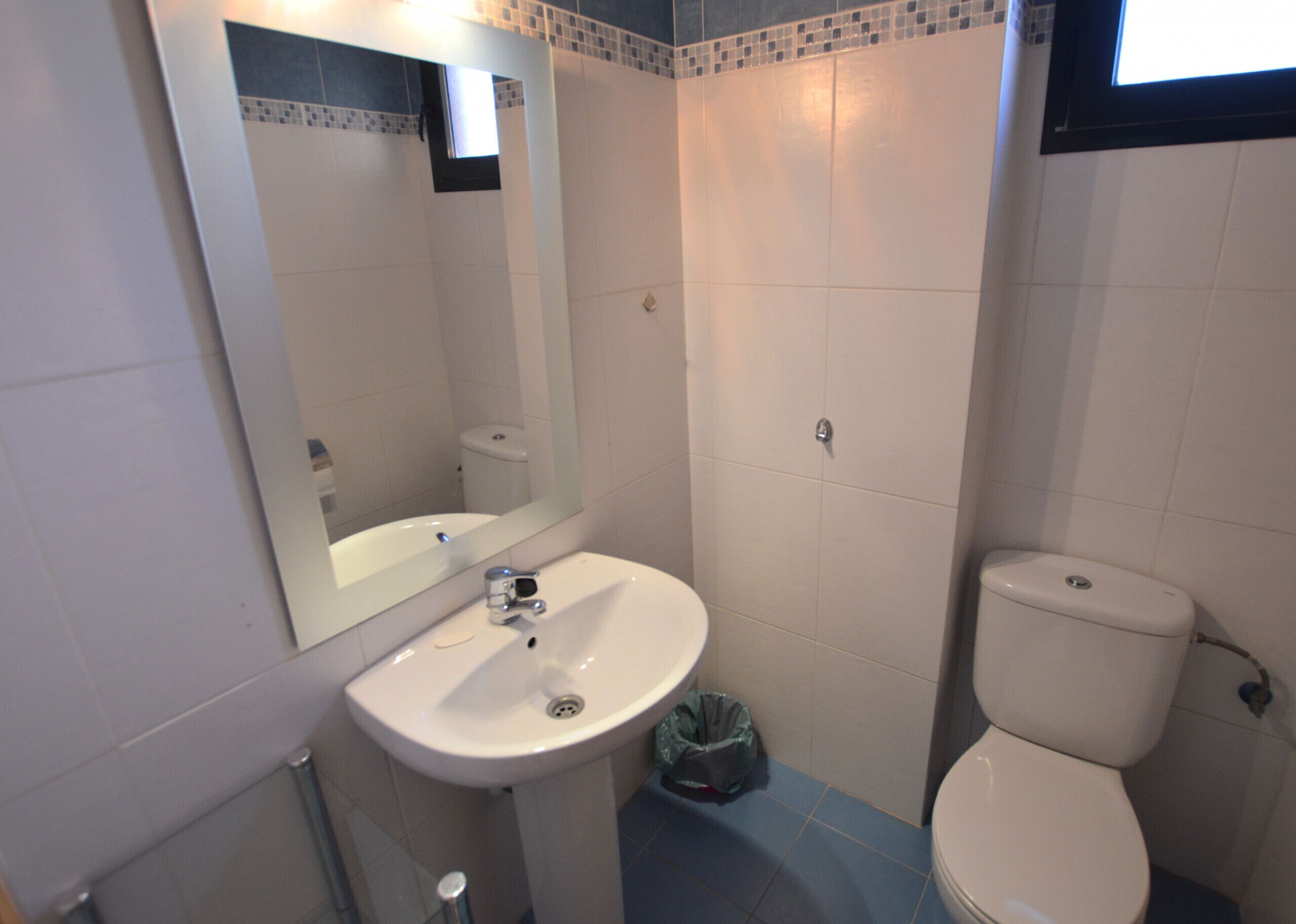 A bathroom with a white sink, a mirror, a toilet, and a trash bin.