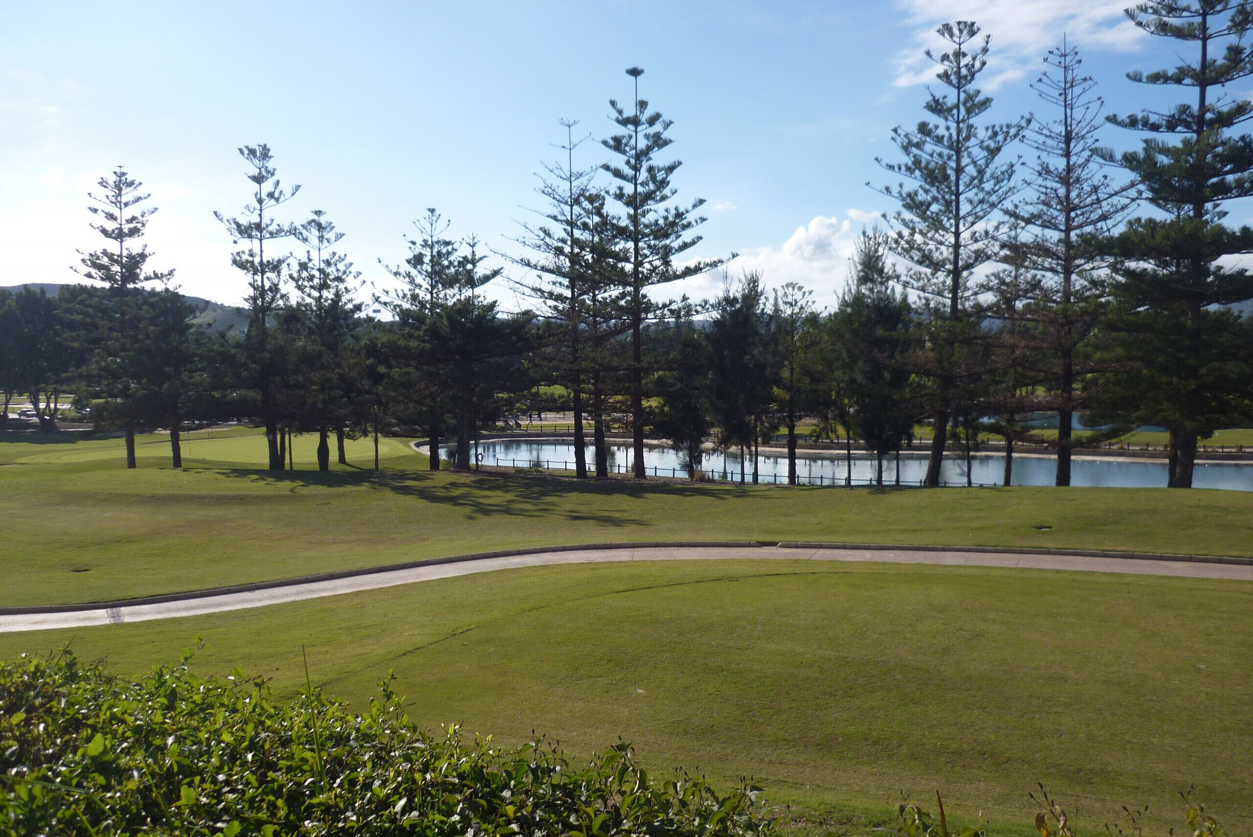 Ein Golfplatz mit Wasserfläche, Bäumen und blauem Himmel.